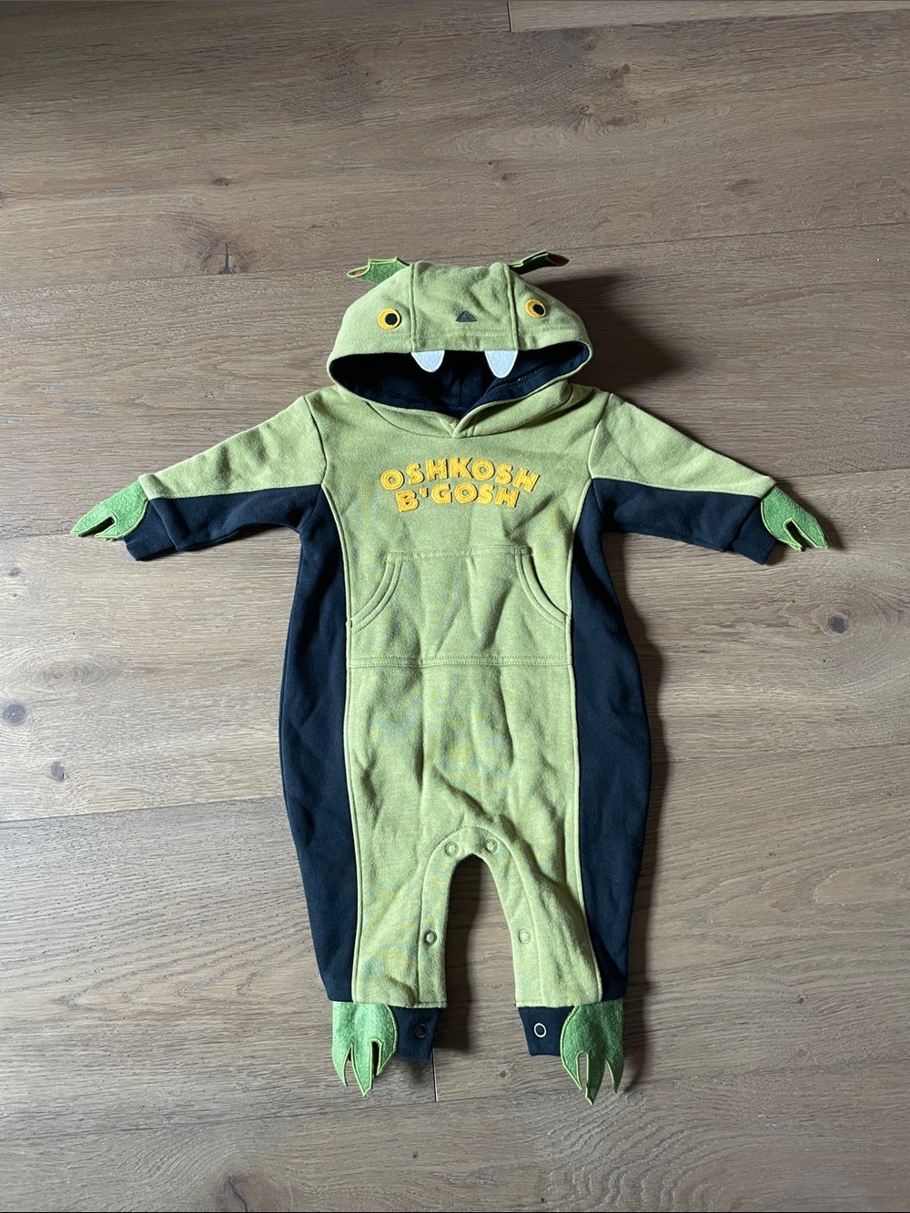 OshKosh B'gosh Baby Green/Black Monster/Dinosaur-Themed Hooded Jumpsuit 3-6 M